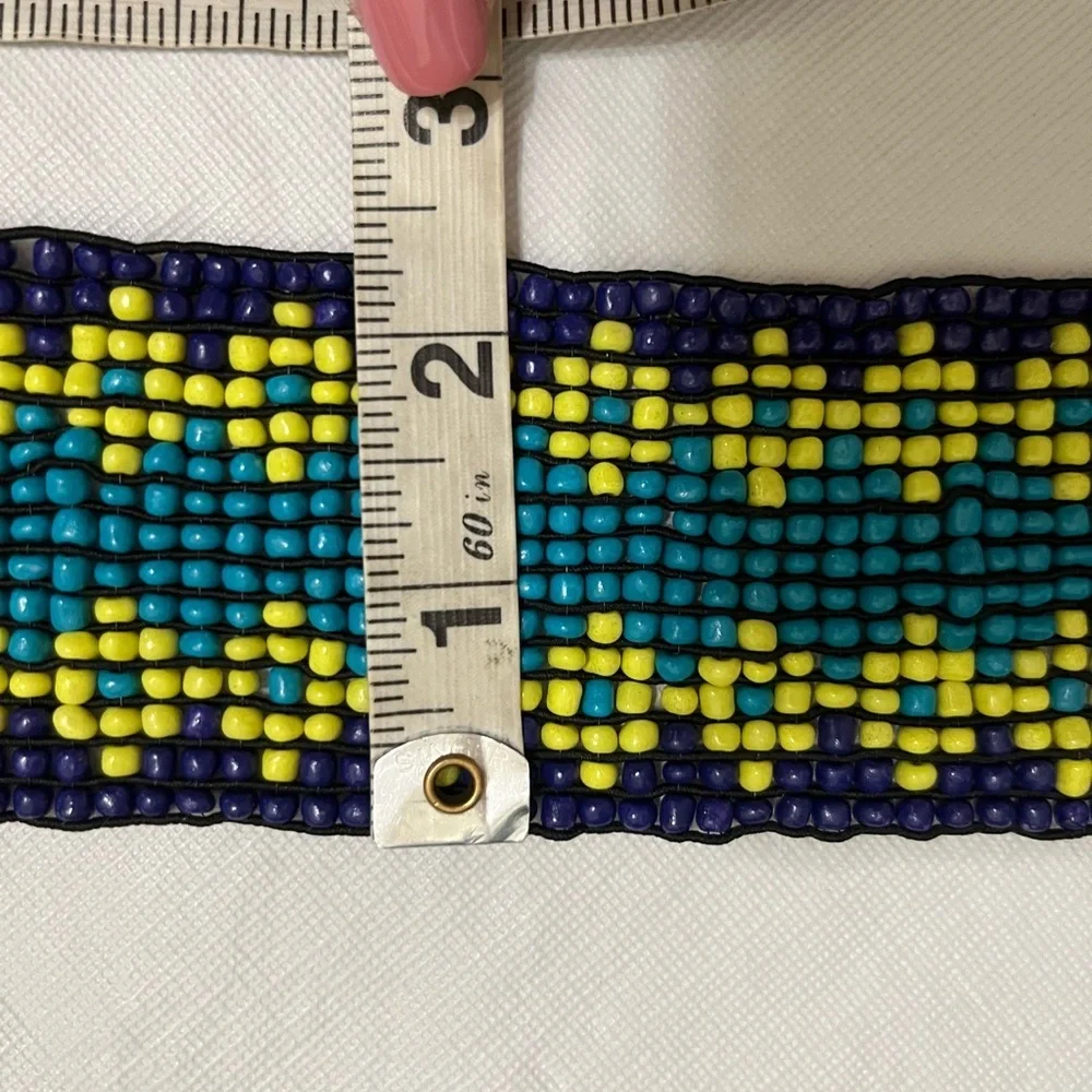 Stretchy Wide Blue Yellow /Green Beaded Wood Buckle Belt